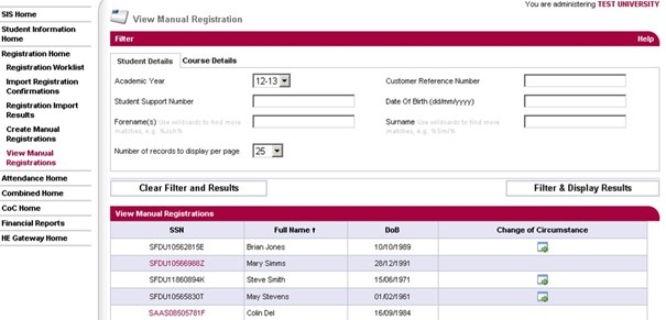 A screenshot of the manual registration search results in SIS.