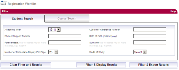 A screenshot of the registration worklist results page in SIS with the filter and export results button.