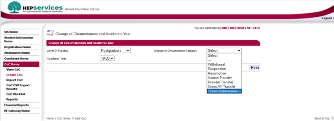 Image shows the Change of Circumstance page in SIS and Thesis Submission on the dropdown menu.